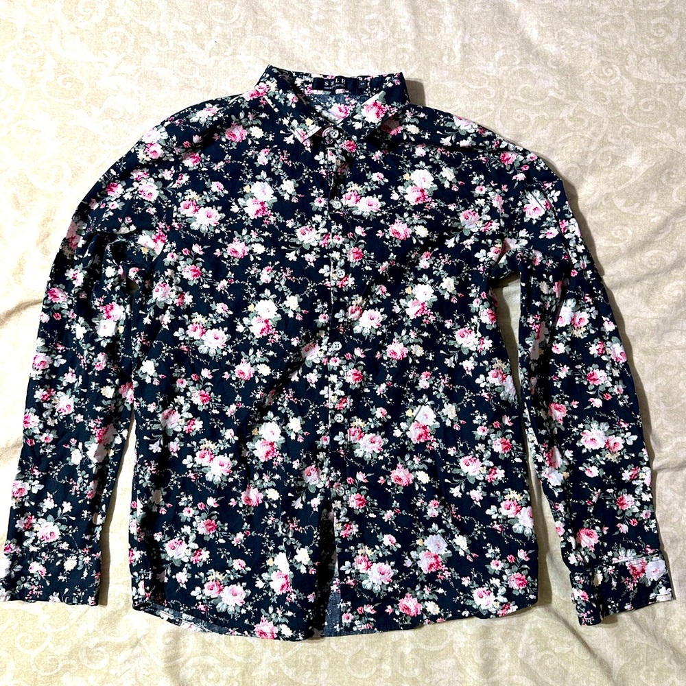Blue and Pink Casual Floral Button Down Shirt
